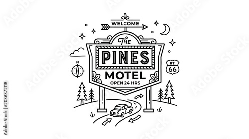 Vintage motel sign with pine trees.