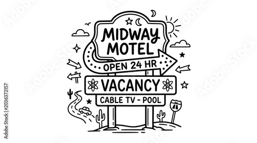 Midway Motel Vacancy Sign Illustration.