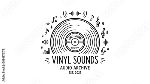 Vinyl record logo with musical symbols.
