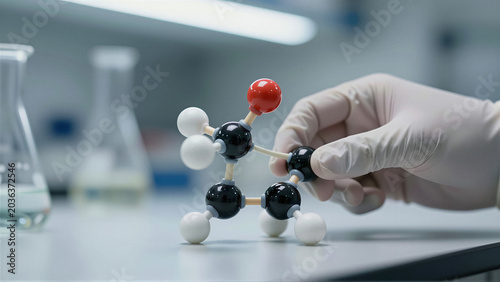 Close-up of a scientist in a latex glove holding a molecular model in a chemistry laboratory. This scientific research concept showcases biotechnology innovation and pharmaceutical develo