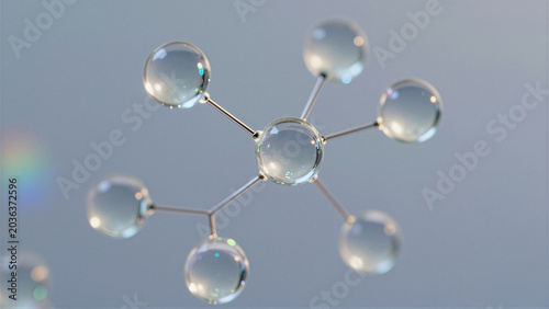 glass molecule structure with transparent spheres and metallic links. Ideal for biotechnology, chemistry research, and pharmaceutical science concepts
