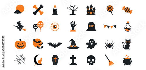 Creative Halloween solid icon set featuring pumpkin, ghost, witch, bat, spider, skull, potion, candy, haunted house, and spooky decorative vector elements in modern flat style.