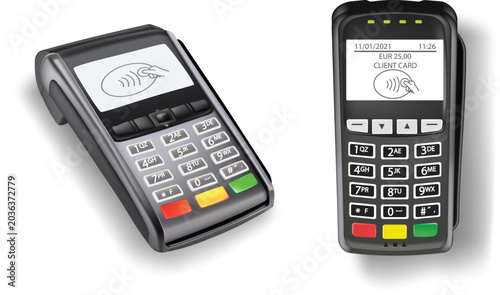 Photos Electronic card payment machine processing blue plastic chip card transactions w