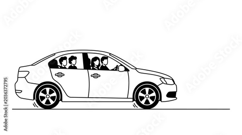 Foto A black and white line art illustration of a sedan car with passengers inside