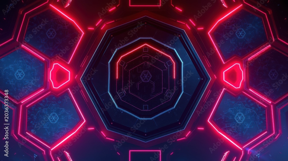 Obraz premium Futuristic tunnel design. Hexagonal shapes glow with vibrant blue, red neon lights. Dark background emphasizes geometric patterns.