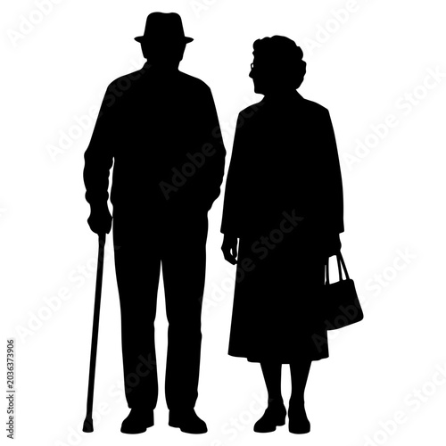 Vector illustration. Silhouette of an elderly man and woman. Husband and wife. Pensioners.