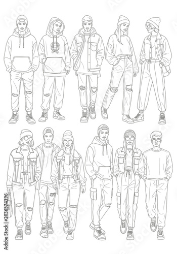 Urban Fashion Line Art: Diverse Group of Young People in Trendy Streetwear