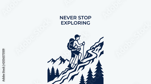 Fotografie A hiker climbing a steep mountain path with backpack and trekking poles illustration