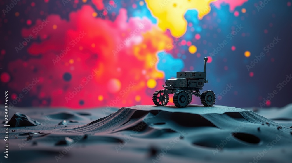 Obraz premium Futuristic rover explores alien landscape. Vibrant colors dominate background, creating dramatic scene. Low poly style adds unique aesthetic.