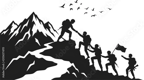 Quadro su tela Silhouette soldiers climbing mountain helping each other with flying birds black