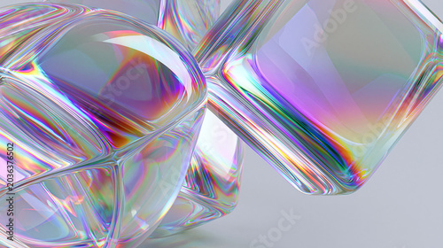 Iridescent holographic abstract glass shapes with rainbow gradient refraction for futuristic digital design background
