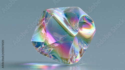 Iridescent holographic glass sculpture with rainbow reflections and abstract organic shape on neutral background