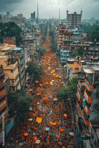 selective focus on demonstrators holding banners and signs during Indian protest