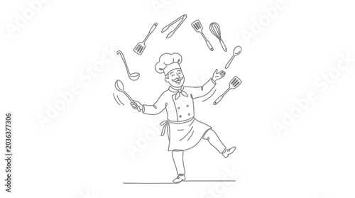 Bild auf Leinwand A cheerful chef juggling various kitchen utensils in a hand drawn sketch style