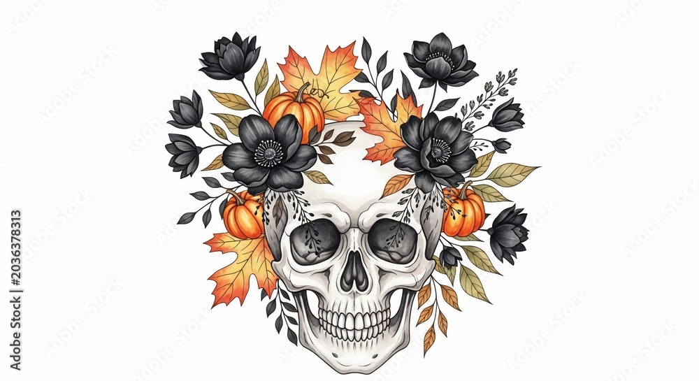 Fototapeta premium Autumn's Embrace: A Skull Crowned in Sepia Blooms