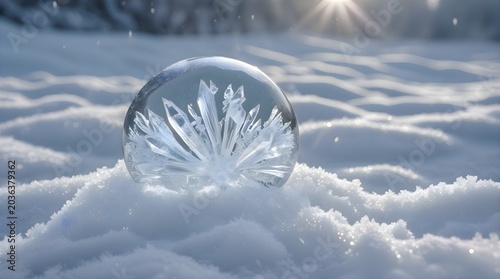 Crystal ball sitting in the snow on a sunny day, magical fortune telling oracle prophecy sphere, winter cold weather frozen nature landscape