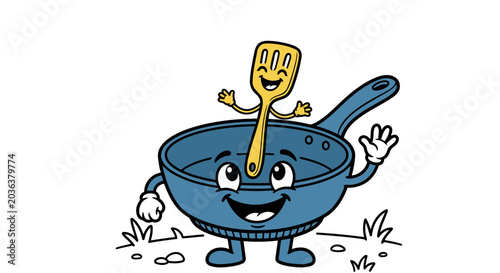 Bild auf Leinwand Happy frying pan and spatula kitchen utensil character