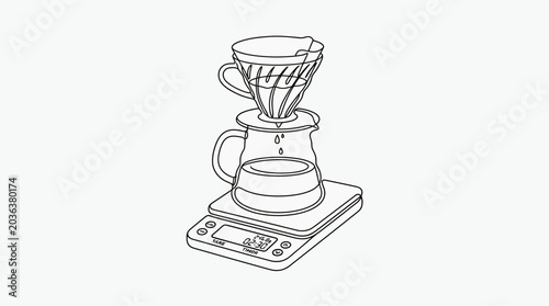 Hand drawn illustration of a coffee drip brewing setup on a digital scale.