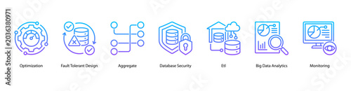 Fotografi Data Analytics web banner icon vector illustration featuring Optimization, Fault Tolerant Design, Aggregate, Database Security, ETL, Big Data Analytics, and Monitoring