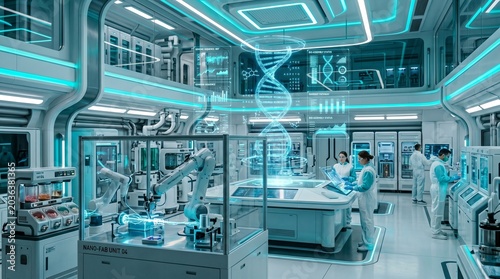 Several scientists or technicians wearing white cleanroom suits and protective eyewear are monitoring data on interactive tabletops and wall consoles.