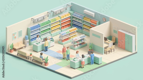 Isometric Pharmacy Interior With Shelves And Customers.