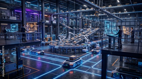 : The center of the facility features a complex conveyor belt system sorting cardboard boxes, assisted by robotic arms. 