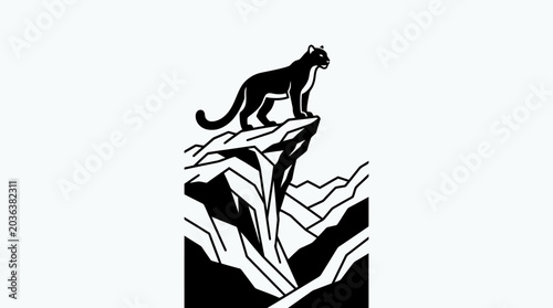 Photos A black and white woodcut illustration of a powerful panther standing atop a rocky mountain cliff