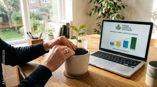  a person is sitting at a wooden desk, carefully tending to a small green plant potted in a ceramic container. 