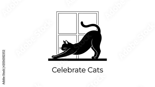 Fotografi Minimalist silhouette illustration of a stretching black cat.
