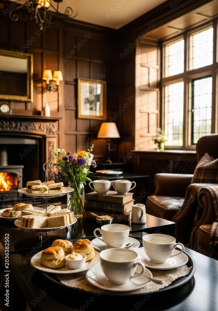 Naklejka premium Elegant Traditional English Afternoon Tea Set with Scones and Sandwiches in a Cozy Wood-Paneled Library Room