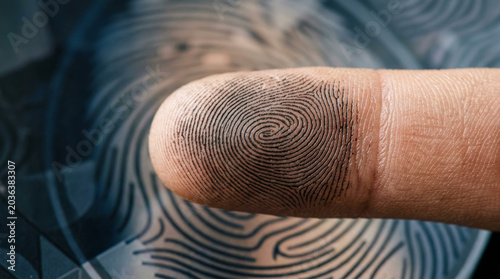 Close-up of a human thumb with black ink revealing fingerprint ridges. Concept of biometric security, identity verification, criminal investigation, and personal data protection.