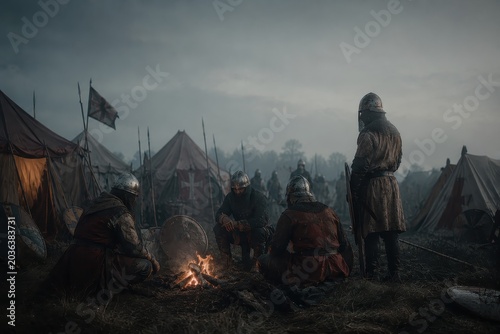 Medieval knights warming by campfire in military camp courtyard. Warriors wearing chainmail and helmets resting before battle. Historical crusader encampment, cinematic war drama scene