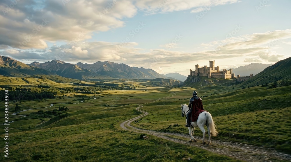 Obraz premium Knight riding horse toward stone castle in mountain valley. Medieval warrior in armor traveling through green landscape scenery. Epic historical fantasy adventure and travel concept