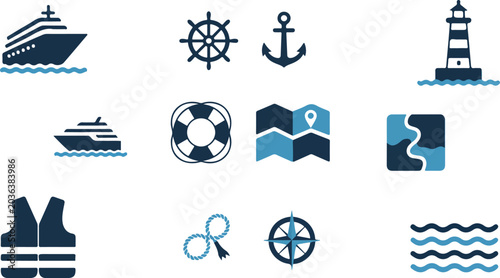 Obraz na płótnie Maritime navigation graphic element pack isolated on white background containing sailing steering wheel life buoy vest map and sea wave icons