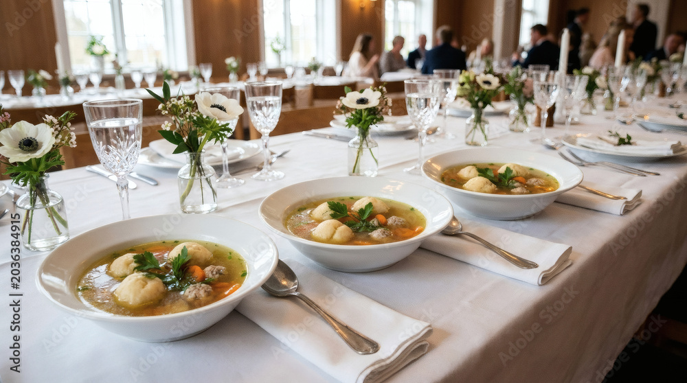 Fototapeta premium Traditional Danish Hønsekødssuppe Served Elegant Nordic Wedding Table