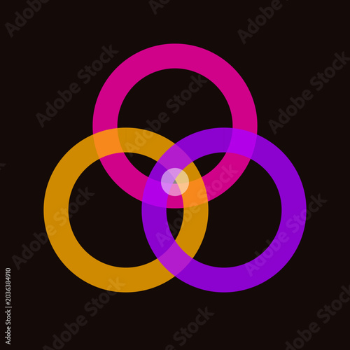 фотографія Three colorful intersecting circles create a central focal point on a dark minimalist background frame