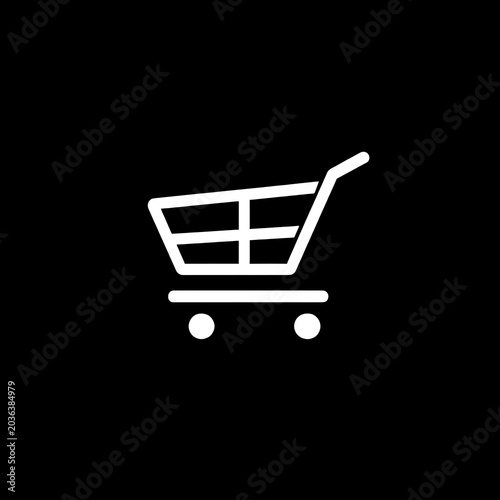 Simple white shopping cart icon on black
