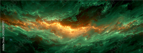 Fotografie Abstract cosmic nebula, vibrant green and fiery orange gas clouds swirl interstellar space, creating stunning celestial vista