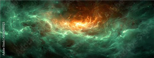 Tableau sur toile Cosmic nebula ethereal glow, swirling gas interstellar dust ablaze vibrant hues orange emerald