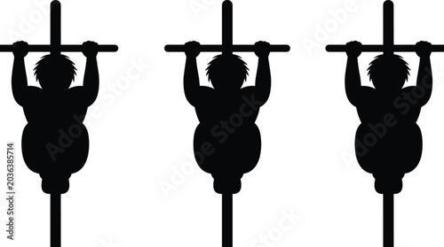 Schilderij op canvas Black silhouette of figures hanging from bars on dark background, repetitive abstract pattern, fitness or suspense concept, minimalist vector illustration
