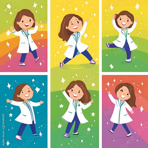 Six cheerful cartoon girls in lab coats, various poses against vibrant backgrounds