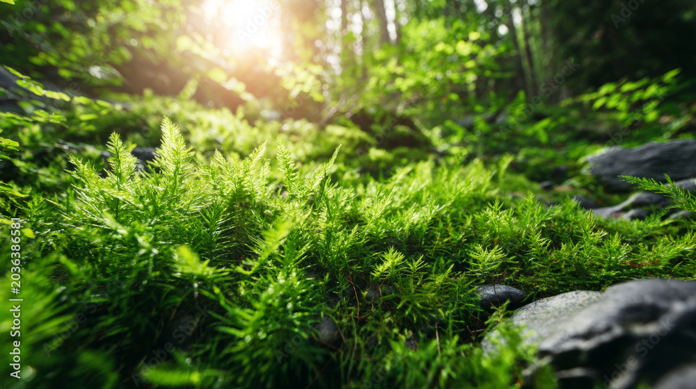 Fototapeta premium Lush green moss and small fern plants thriving on a forest floor, filtering sunlight illuminating the vibrant environment