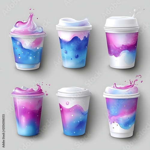 Six vibrant galaxy-themed cups with swirling, colorful drinks