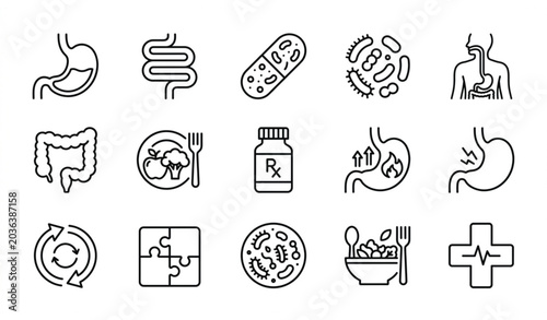 Photos Digestion and Probiotics Editable Stroke Outline Icons Set with Stomach and Inte