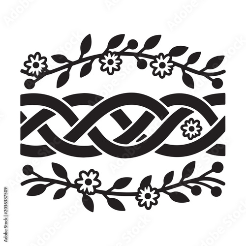 Celtic Knot Intertwined Ribbon Border with Floral Branches Silhouette Vector Design.