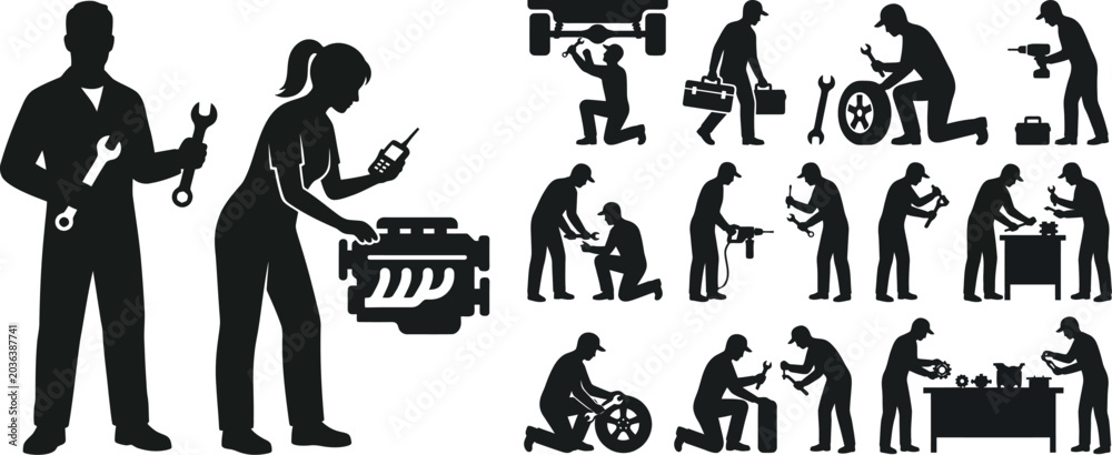 Obraz premium Mechanic silhouette vector set for automotive design with car engine