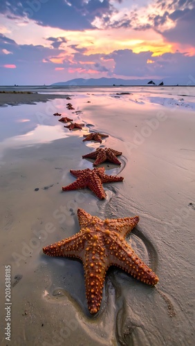 starfish on the beach at sunset.