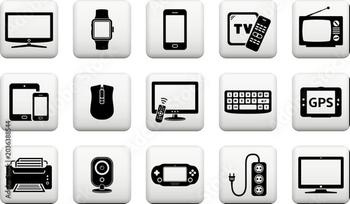 Black Digital Device Icon Set with Glossy Buttons