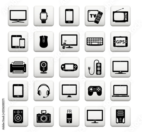 Black Digital Device Icon Set with Glossy Buttons