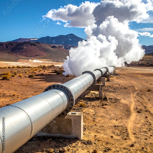 Industrial pipeline steam desert landscape infrastructure.